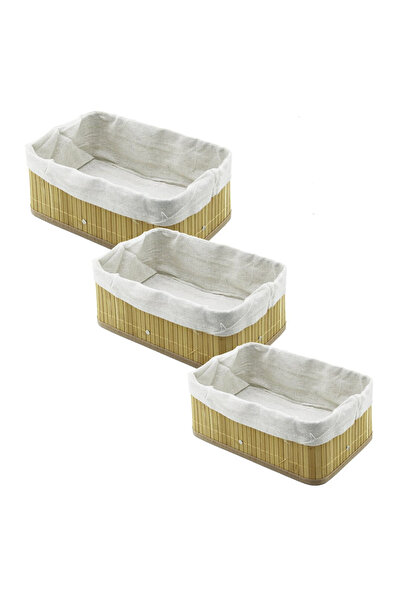 Go İthalat 3 Rectangular Bamboo Edge Organizer Baskets with Wooden Base - with Cloth 13X20-16X24-20X31Cm (5273)