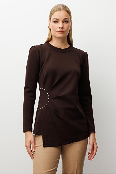 Moda İlgi Modailgi İnci Detaylı Pileli Sıfır Yaka Örme Bluz Kahve