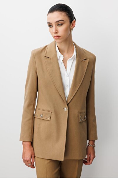 Moda İlgi Modailgi Kırlangıç Yaka Tek Düğme Kapamalı Astarlı Ceket - 45014 Camel