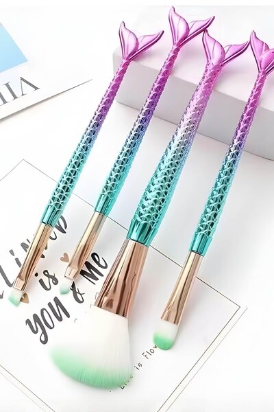 TAKIŞTIR Set of 4 Pink and Turquoise Colored Makeup Brushes with Fishtail Shape