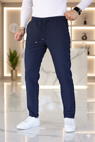 Bürke Men's Navy Blue Elastic Waist Lace-Up Stretchy Fitted Jogger Pants Fabric Trousers