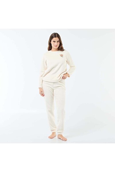 KİABİ Long Plush Knit Pajamas - 2 piece BEIGE