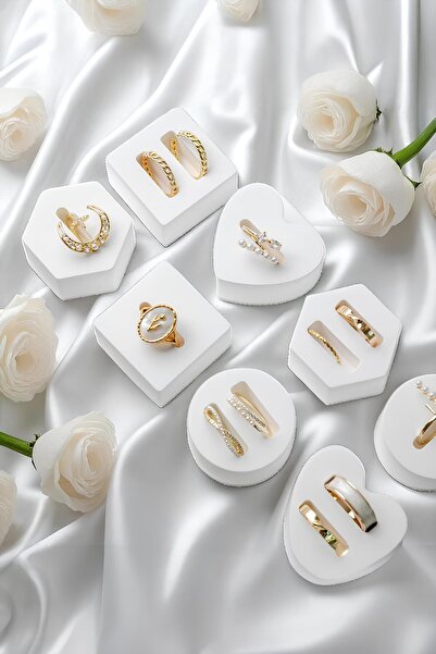 betonmall 9 Pieces Concrete Ring Holder Stand Set - Handmade White Minimalist Jewelry Display Presentation Tray