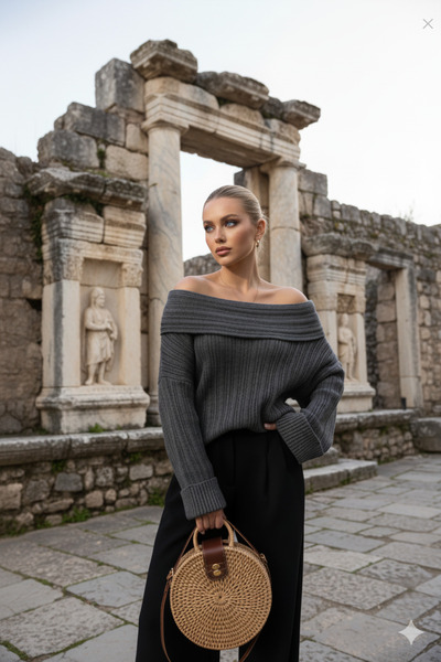 NİCE Anthracite Madonna Off-Shoulder Knitwear Sweater - Off-The-Shoulder Loose Knit Sweater - Winter Modern Stylish Blouse