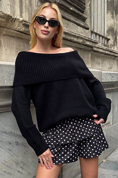 VAGGON Women's Black Madonna Collar Long Sleeve Knitwear Dress Vs01542