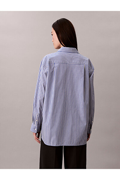Calvin Klein Jeans Standart Gömlek Yaka Çizgili Mavi Kadın Gömlek LV044D170GZNX