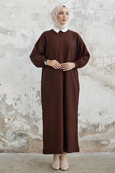 NEW DAĞ Women's Vertical Patterned Balloon Sleeve Knitwear Dress