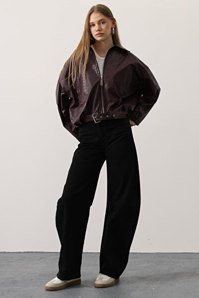 VAGGON Faux Leather Bomber Jacket with Belt Detail