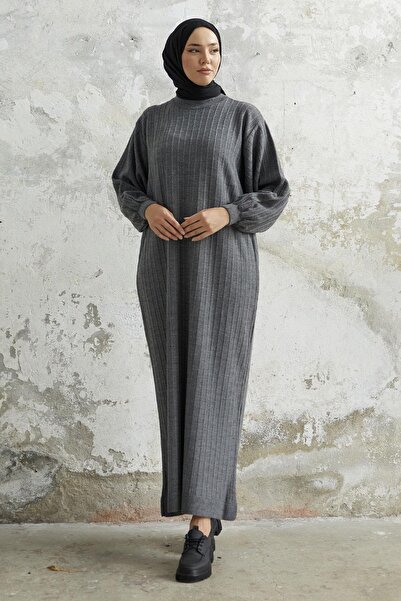 NEW DAĞ Women's Vertical Patterned Balloon Sleeve Knitwear Dress