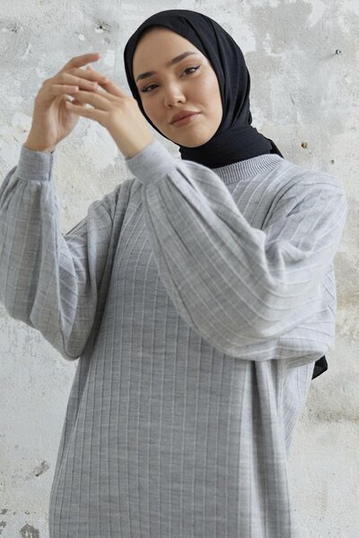 NEW DAĞ Women's Vertical Patterned Balloon Sleeve Knitwear Dress