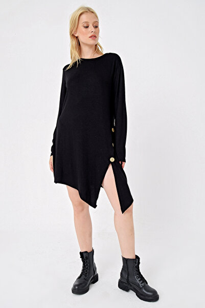 Trend Alaçatı Stili Kadın Siyah Asimetrik Kesim Düğme Detaylı Viscon Elbise ALC-X4860