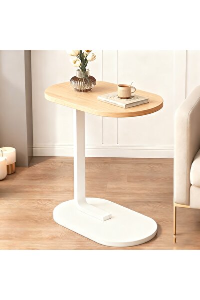 Cozara Compact C-Shaped Side Table-Space-Saving End Table with Sturdy Metal Frame, yellow and white