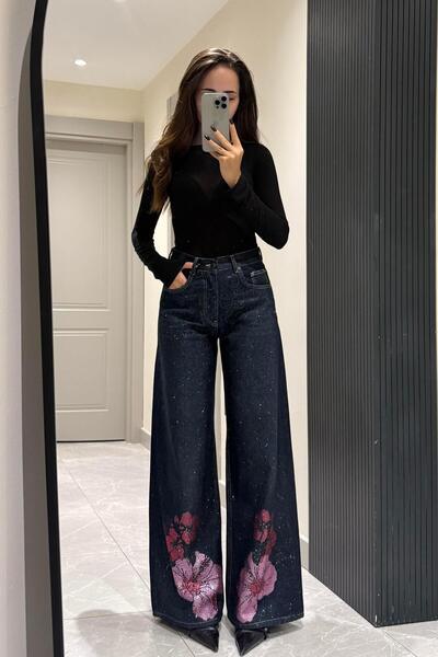 Nazliye İndigo Mavi Gül Taşlı Jean
