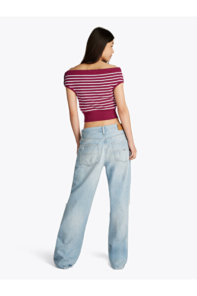 Tommy Hilfiger Women Brilliant Berry Off Shoulder Striped Sweater