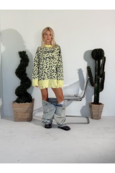 Homay Kadın Leopar Desenli Oversize Triko Kazak Rahat Kalıp Uzun Kollu