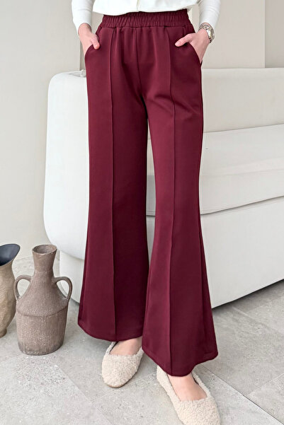 Tesettür Diyarı Kadın Çimalı Beli Lastikli Cepli Scuba Kumaş Tesettür Pantolon- Bordo