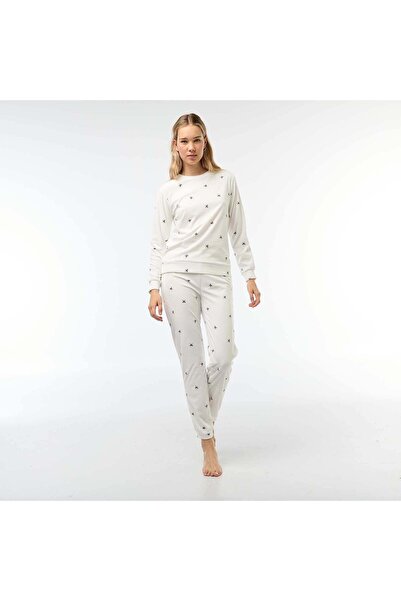 KİABİ طقم بيجامة طويل من الصوف - تي شيرت + بنطلون - قطعتين أبيض