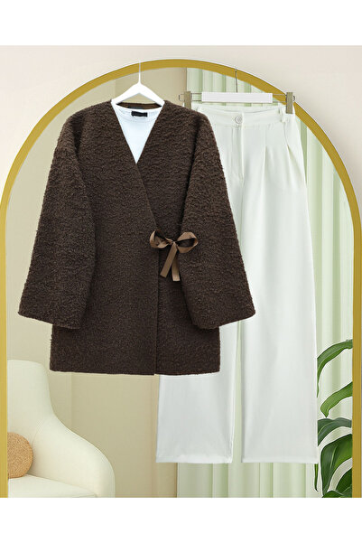 Modamorfo Side Tie Boucle Kimono -K. Brown