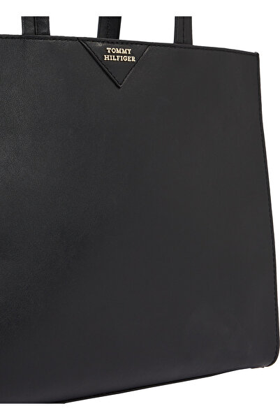 Tommy Hilfiger Women Black Leather Pushlock Leather Tote Bag