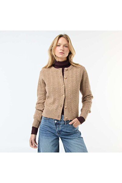 KİABİ Cable Knit Cardigan with Gold Button Detail BEIGE