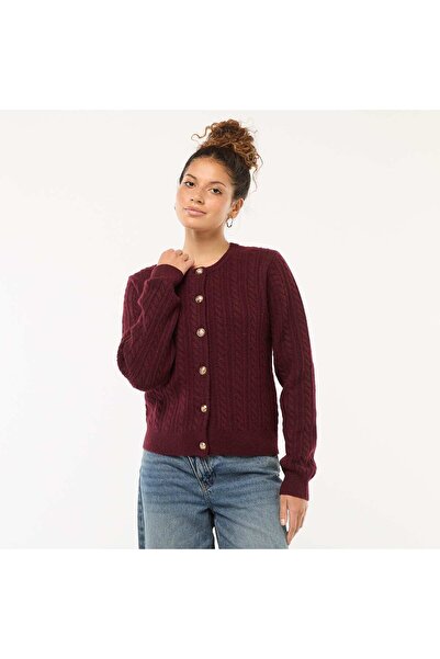 KİABİ Cable Knit Cardigan with Gold Button Detail RED
