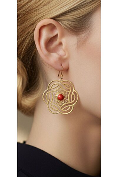 bettin tasarım El Yapımı Pirinç Yuvarlak Kırmızı Taşlı Bohem Küpe Etnik Antik Görünümlü Kadın Pirinç Küpe