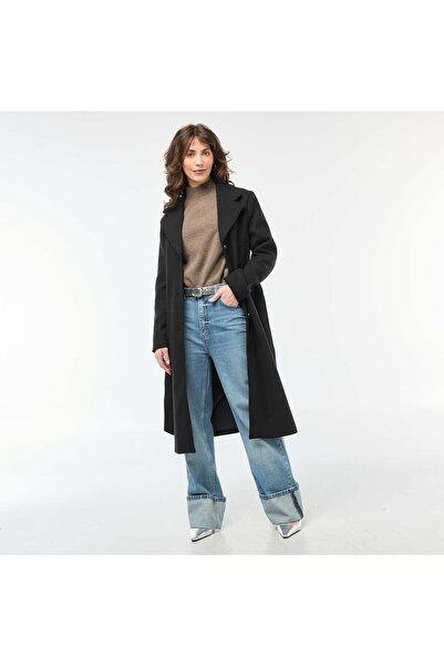 KİABİ Long Wool-Look Coat with Belt BLACK