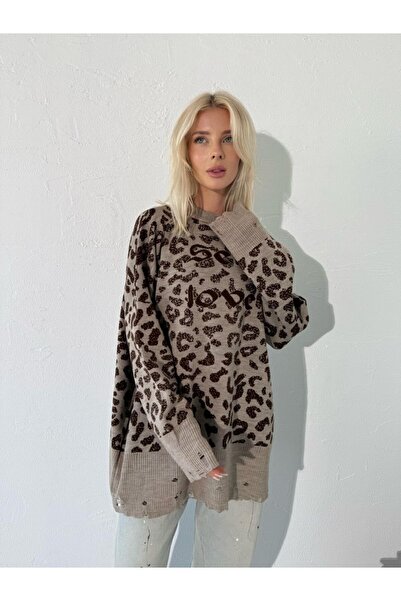 Homay Kadın Leopar Desenli Oversize Triko Kazak Rahat Kalıp Uzun Kollu