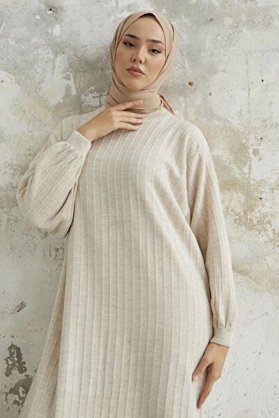 NEW DAĞ Γυναικείο πλεκτό φόρεμα με κάθετο σχέδιο με μανίκια μπαλόνι