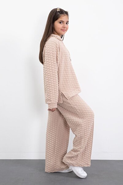 Cansın Mini Σετ αθλητικής φόρμας κρεμ για κορίτσια με υφή φαρδιά πόδια με κουκούλα 23303