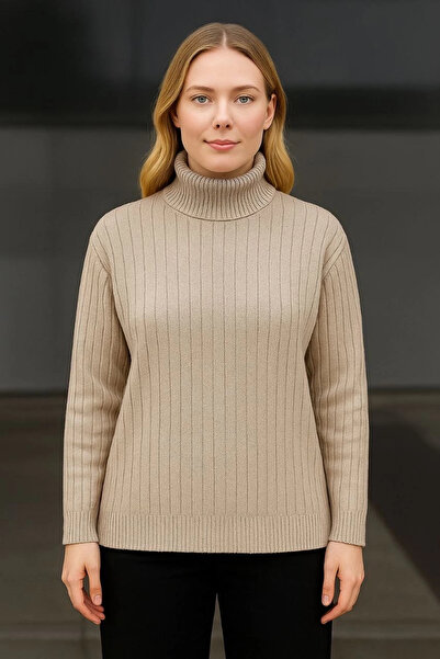 MODA Women's Turtleneck Knitted Sweater Cotton Thick Corded Fabric Woven - Beige