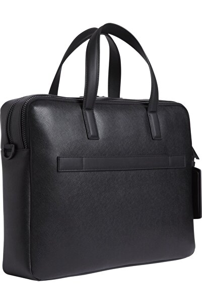 Calvin Klein Men's Textured Surface Metallic Logo Embossed Long Removable Strap Black Laptop & Briefcase Lv