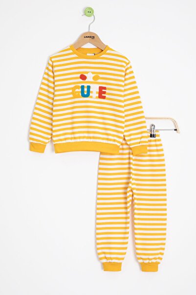 Cansın Mini Κίτρινο Σετ Φόρμας για Αγόρι με Χαριτωμένο Κέντημα Ριγέ επένδυση fleece 23309