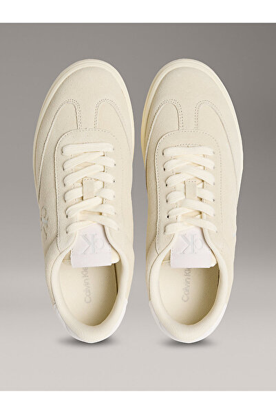 Calvin Klein Kadın Deri Bağlamalı Düz Taban Yuvarlak Burun Ck Desenli Bej Sneaker YW0YW01767-AD6