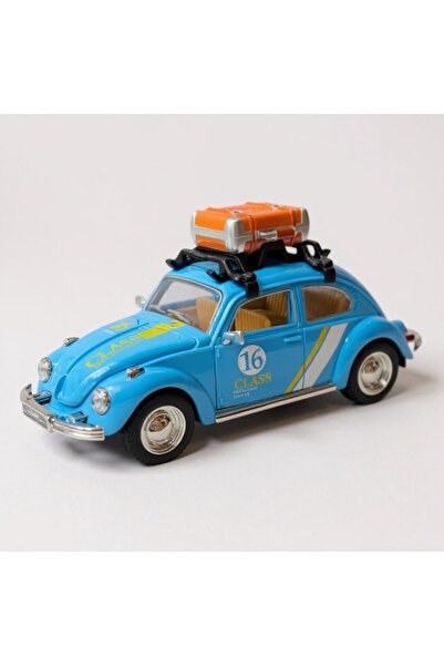 BuradaBuldun Classic Light and Sound Metal Car - Retro Beetle with Blue Suitcase - 15 cm