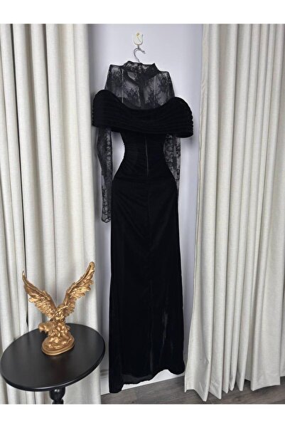 hind fashion Soft velvet evening dress with lace sleeves