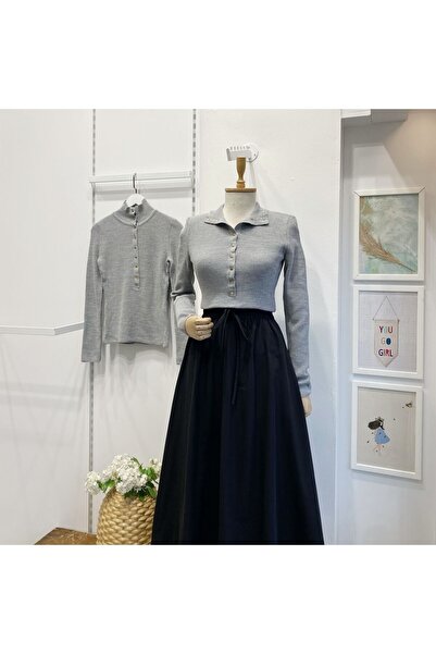 Faya Boutique Açık Gri Dik Yaka Çıtçıtlı Triko Bluz
