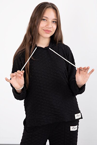 Cansın Mini Black Girl's Textured Wide Leg Hooded Tracksuit Set 23301