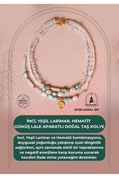 OSMANLI DOĞAL TAŞ Certified Pearl, Green Larimar, Hematite Silver Tulip Mounted Natural Gemstone Pendant (Sk:017)