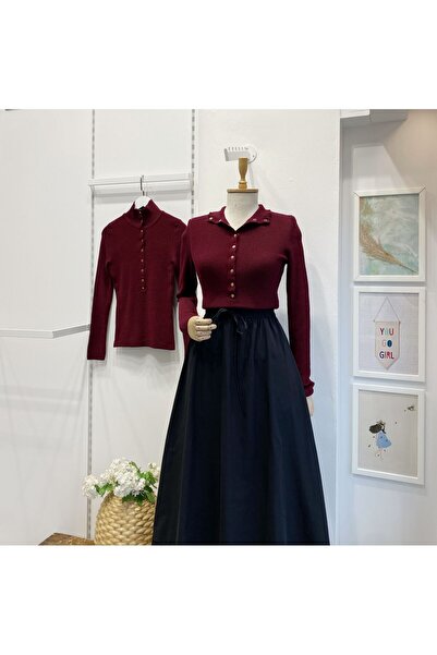 Faya Boutique Vişne Dik Yaka Çıtçıtlı Triko Bluz