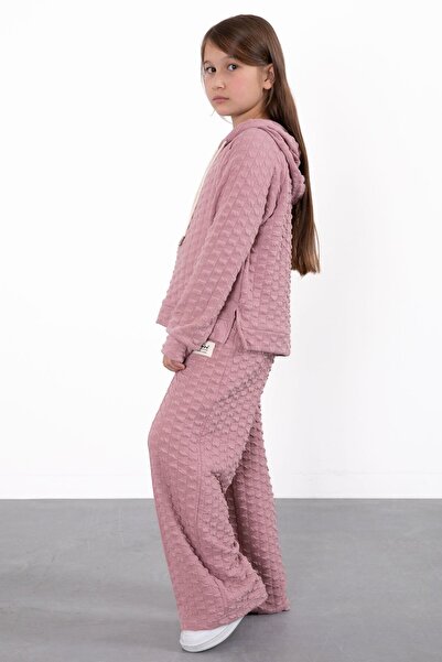 Cansın Mini Pink Girl's Textured Wide Leg Hooded Tracksuit Set 23302