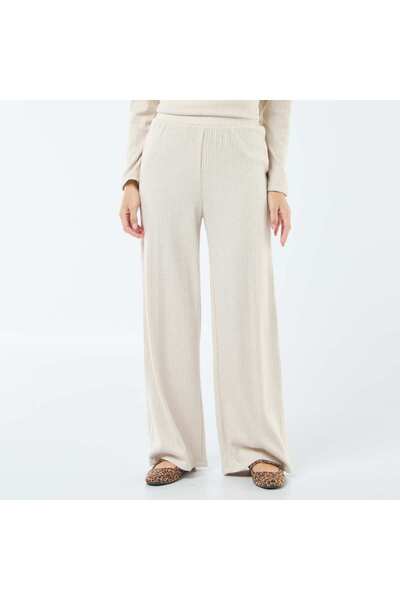 KİABİ High-Waisted Ribbed Wide-Leg Trousers BEIGE
