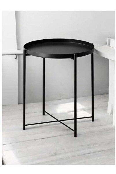 Essentials 360 Round Metal Coffee Table with Detachable Tray, Black Nordic Side Table 45x53cm