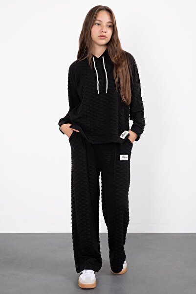 Cansın Mini Black Girl's Textured Wide Leg Hooded Tracksuit Set 23301