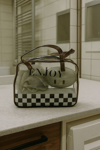 ARVALE Portable Bathroom Travel Kit – Includes Soap Dispenser, Brush Holder, Washcloth, Comb - Enjoy