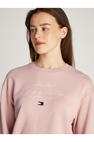 Tommy Hilfiger Women Foggy Pink Modern Regular Varsity Crew Neck Hoodie