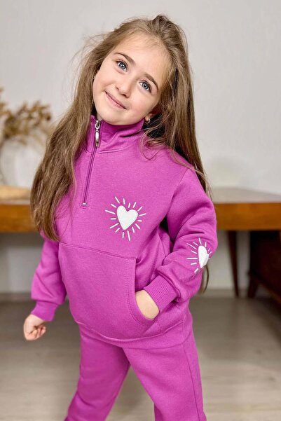 Riccotarz Φούτερ για κορίτσια Heart Emoji με με τύπωμα τσέπες καγκουρό με φερμουάρ Μωβ αθλητική φόρμα