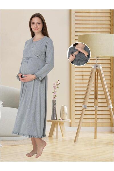 Lohusa Homewear Γυναικείο νυχτικό εγκυμοσύνης σε γκρι σχέδιο, με επιλεγμένο β...