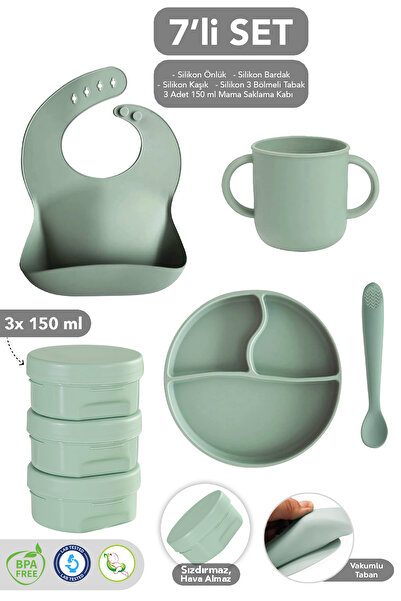 Meleni Baby 7'li Silikon Beslenme Seti- Mama Önlüğü Vakumlu Tabak Bardak Diş Kaşıyıcı Kaşık Atıştırma Kabı Yeşil