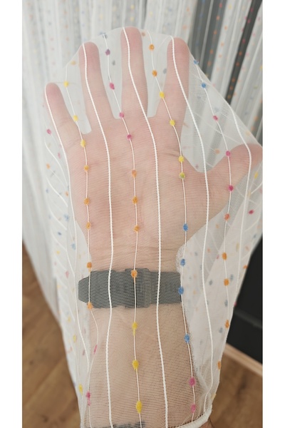 Yuka Ecru Linen Tulle Curtain with Pom-Poms, 1/3 Pleats, Wrinkle-Resistant, No Ironing Required, Skirt with Lead, Suitable for Any Room